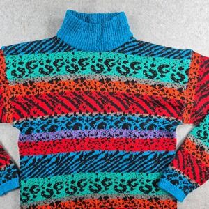 Gitano Sweater Women Large Multicolor Vintage 80s Animal Print Mock Neck Acrylic